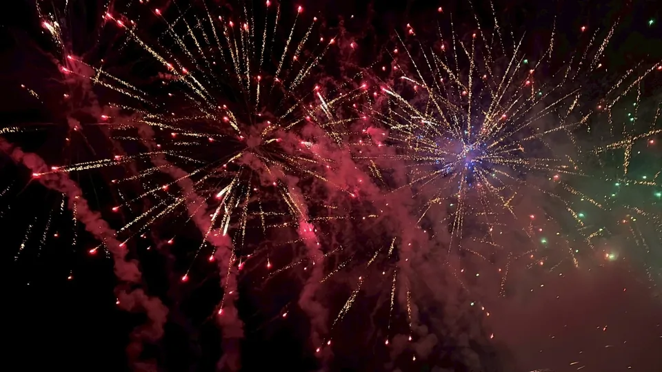 夜空に打ち上がる花火と歓声を上げる観客。猫おどりのクライマックスシーン